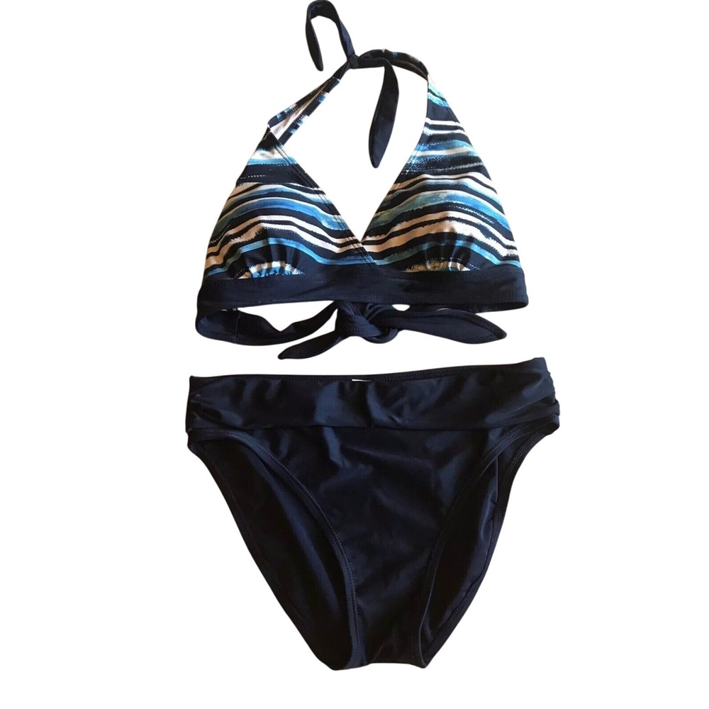 Striped Halter Tie Bikini Swimsuit Set Two Piece Navy Blue Beach Summer